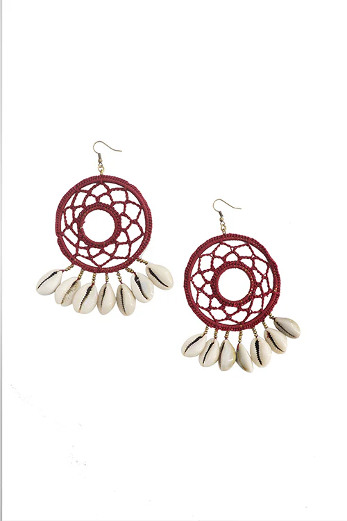 Whe Handcrotcheted Round Maroon Shell Earring - Image 4