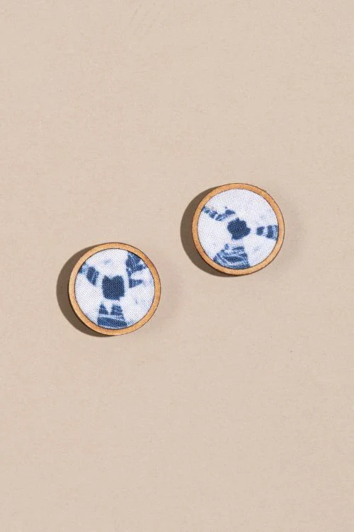 Whe Handmade Blue Tie And Dye Upcycled Fabric And Repurposed Wood Stud Earrings