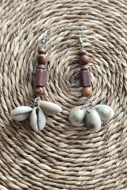 WHE Handmade Dangler Earrings With Wooden Beads, Cowry Shells.