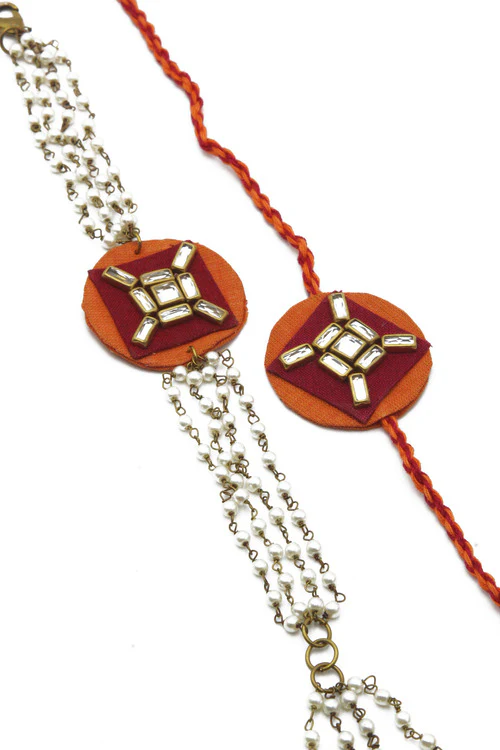 WHE Handmade Kundan Fabric Bhaiya Bhabhi Rakhi Combo - Image 3