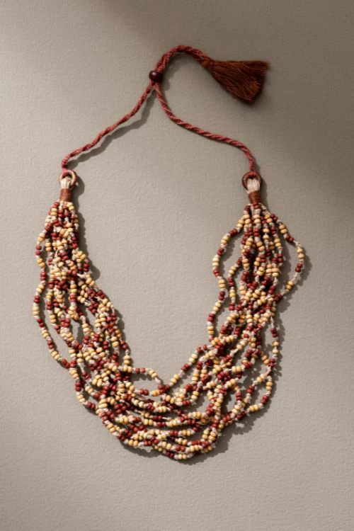 WHE Handmade Multilayer Adjustable Jute, Wooden Beads And Glass Beads Necklace - Image 3