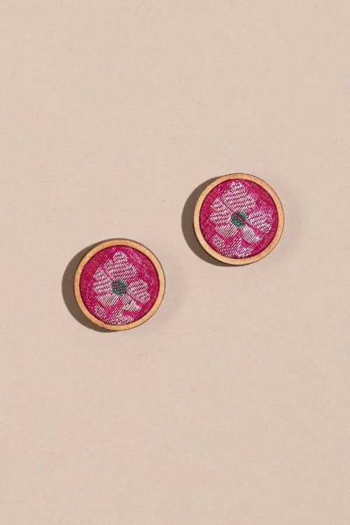 Whe Handmade Pink Pure Banaras Brocade Fabric & Repurposed Wood Stud Earrings