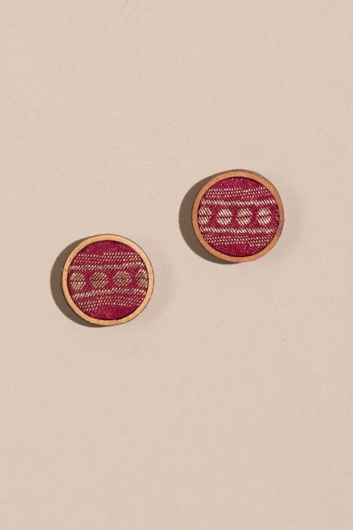 Whe Handmade Red Gold Brocade Fabric & Repurposed Wood Stud Earrings