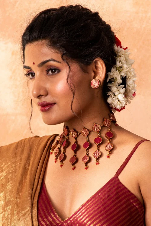 Whe Handmade Red Gold Brocade Fabric & Repurposed Wood Stud Earrings - Image 2