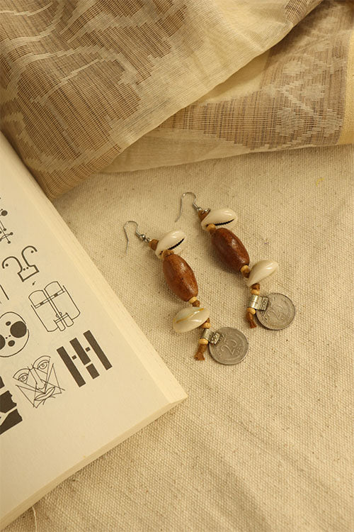 Whe Handmade Tribal Shell Wood And Repurposed Coin Earring - Image 2