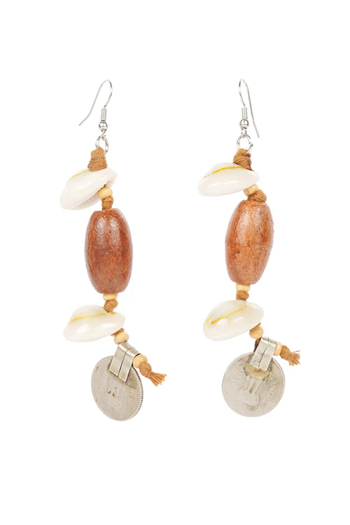 Whe Handmade Tribal Shell Wood And Repurposed Coin Earring - Image 3