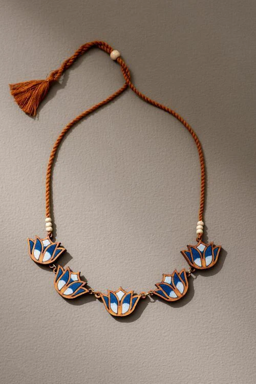 Whe Indigo Bloom Lotus Upcycled Fabric And Repurposed Wood Necklace - Image 3