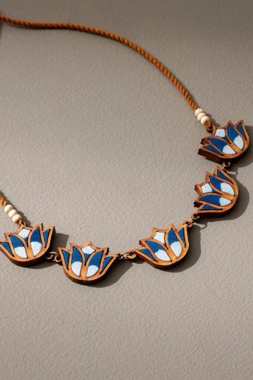 Whe Indigo Bloom Lotus Upcycled Fabric And Repurposed Wood Necklace - Image 4