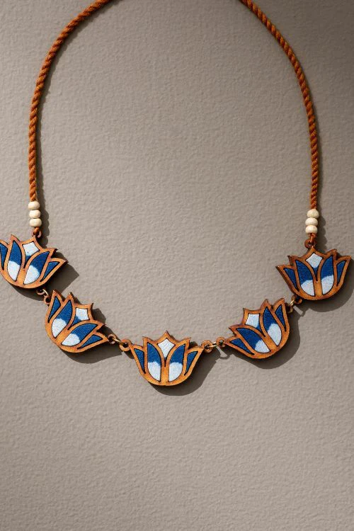 Whe Indigo Bloom Lotus Upcycled Fabric And Repurposed Wood Necklace - Image 5