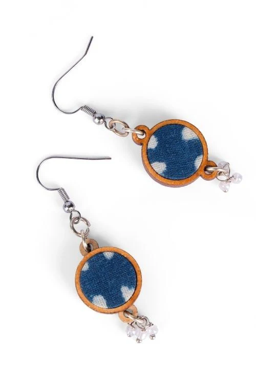 WHE Indigo Blue Fabric And Repurposed Wood Danglers - Image 4