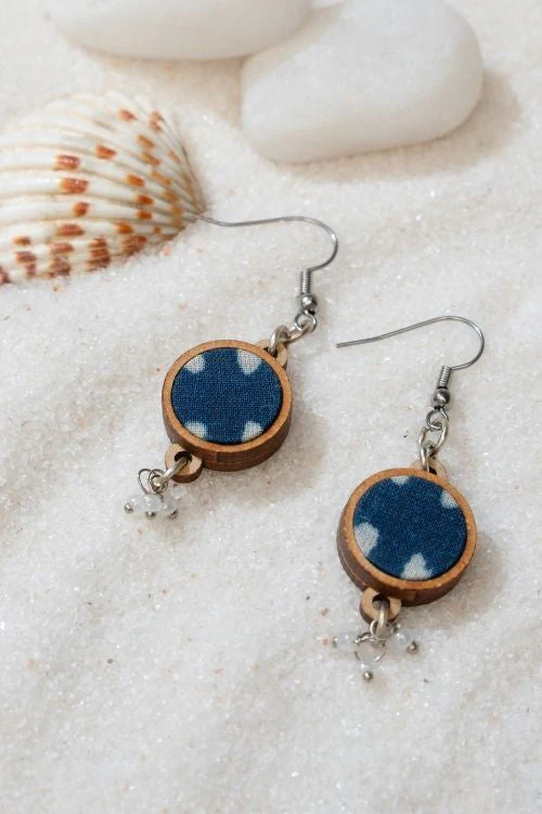 WHE Indigo Blue Fabric And Repurposed Wood Danglers - Image 5