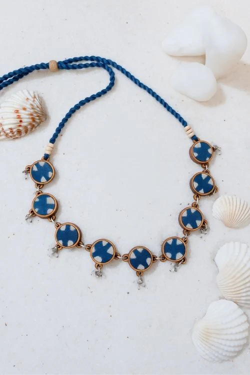 WHE Indigo Blue Repurposed Fabric And Wood Choker - Image 2