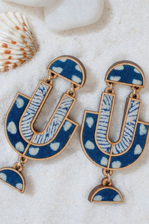 WHE Indigo Blue Repurposed Fabric And Wood Statement Earrings - Image 2