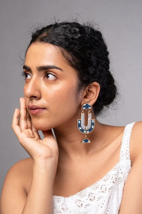 WHE Indigo Blue Repurposed Fabric And Wood Statement Earrings - Image 3