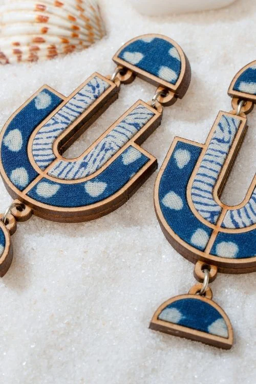 WHE Indigo Blue Repurposed Fabric And Wood Statement Earrings - Image 4