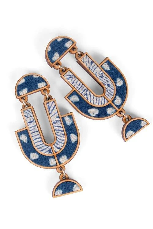 WHE Indigo Blue Repurposed Fabric And Wood Statement Earrings - Image 5