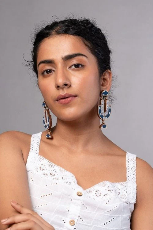 WHE Indigo Blue Repurposed Fabric And Wood Statement Earrings - Image 6