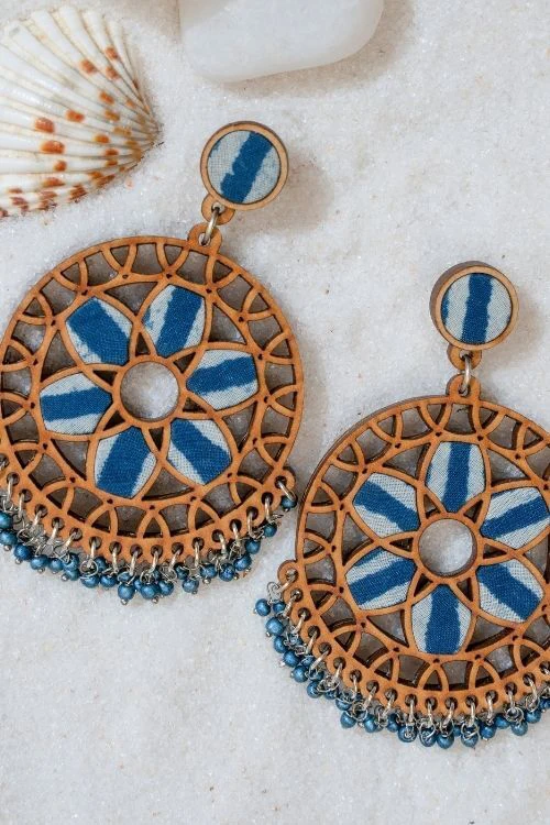 WHE Indigo Blue WHEel Repurposed Fabric And Wood Earrings - Image 2
