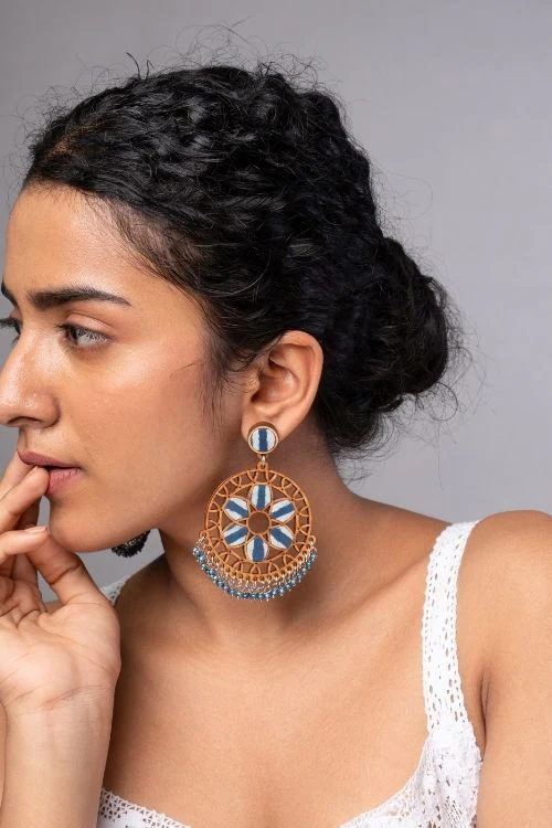 WHE Indigo Blue WHEel Repurposed Fabric And Wood Earrings - Image 3