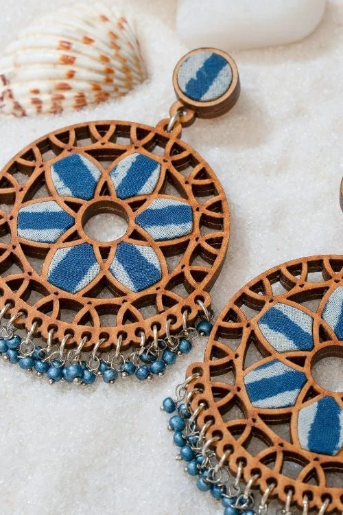 WHE Indigo Blue WHEel Repurposed Fabric And Wood Earrings - Image 9