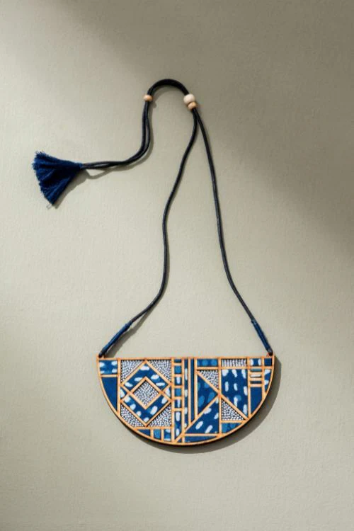 Whe Indigo Upcycled Fabric And Repurposed Wood Maze Necklace - Image 3
