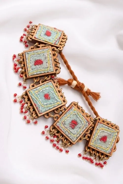 WHE Kantha Columbia Blue Repurposed Silk Fabric And Wood Beads Bracelet - Image 2