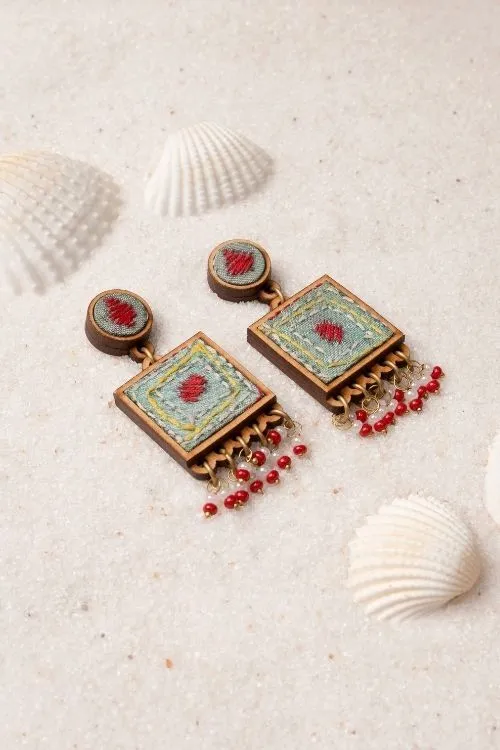 WHE Kantha Columbia Blue Repurposed Silk Fabric And Wood Earrings