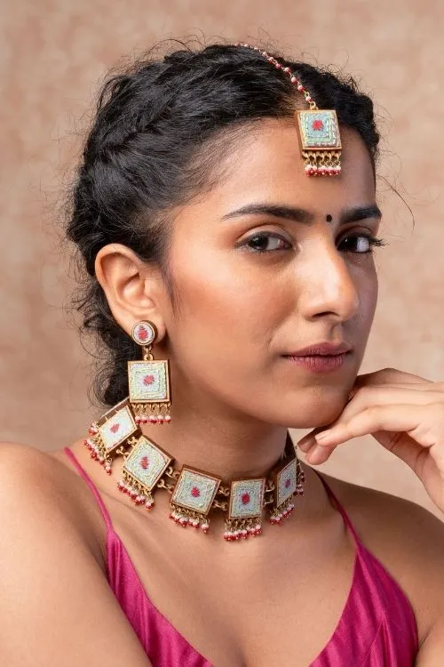 WHE Kantha Columbia Blue Repurposed Silk Fabric And Wood Earrings - Image 2