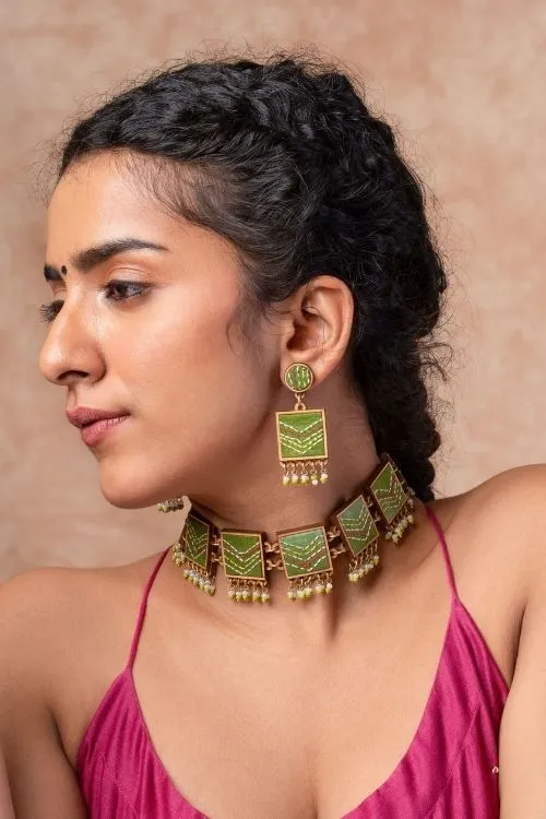 WHE Kantha Green Repurposed Silk Fabric And Wood Earrings - Image 2