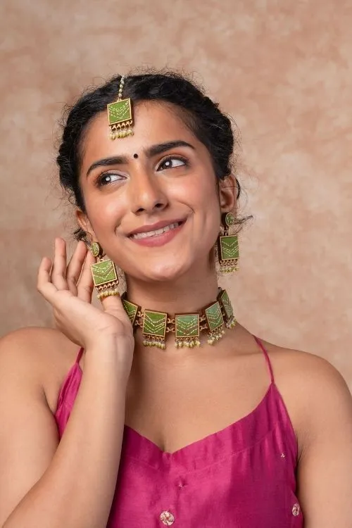 WHE Kantha Green Repurposed Silk Fabric And Wood Earrings - Image 3