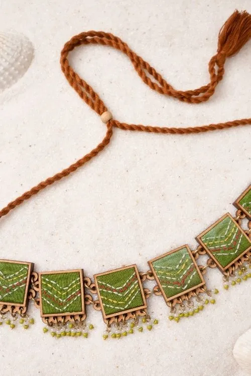 WHE Kantha Green Repurposed Silk Fabric And Wood Necklace - Image 2