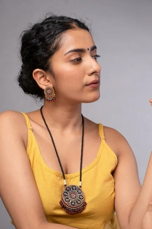 WHE Multicolor Ajrakh Repurposed Fabric And Wood Round Studs - Image 2