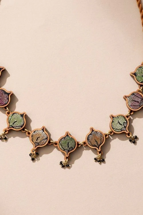 Whe Multicolor Festive Upcycled Fabric And Repurposed Wood Choker Necklace - Image 3
