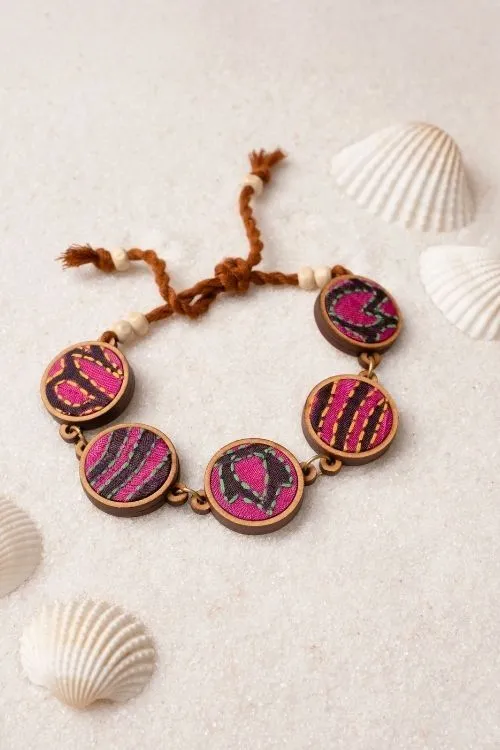 WHE Multicolor Kantha Silk Fabric And Repurposed Wood Bracelet