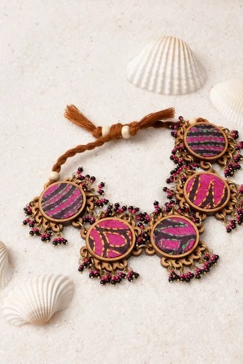 WHE Multicolor Kantha Silk Fabric And Repurposed Wood Bracelet With Beads - Image 2