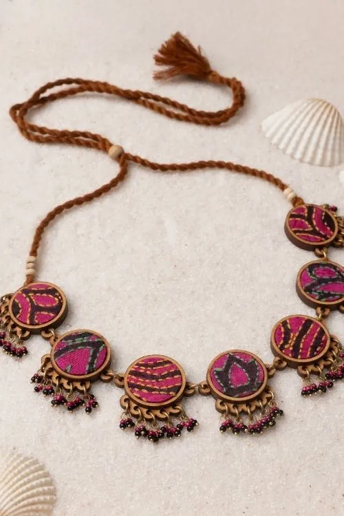 WHE Multicolor Kantha Silk Fabric And Repurposed Wood Necklace