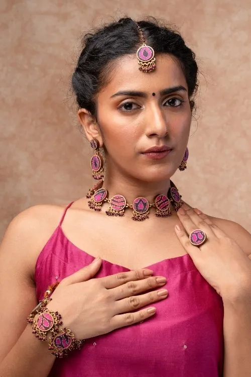 WHE Multicolor Kantha Silk Fabric And Repurposed Wood Necklace - Image 3