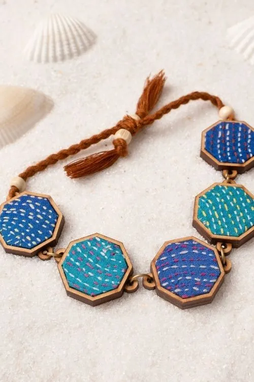 WHE Multicolour Kantha Repurposed Silk Fabric And Wood Bracelet - Image 2