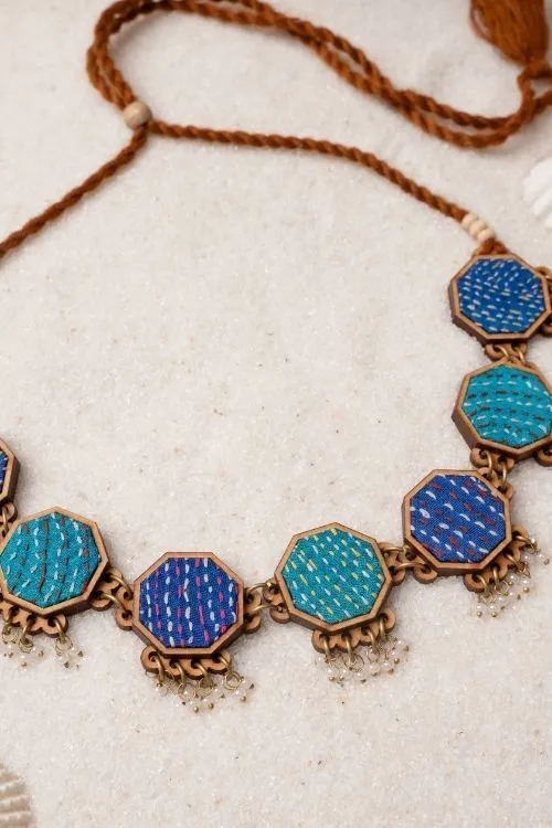 WHE Neel Tarang Kantha Repurposed Silk Fabric And Wood Necklace