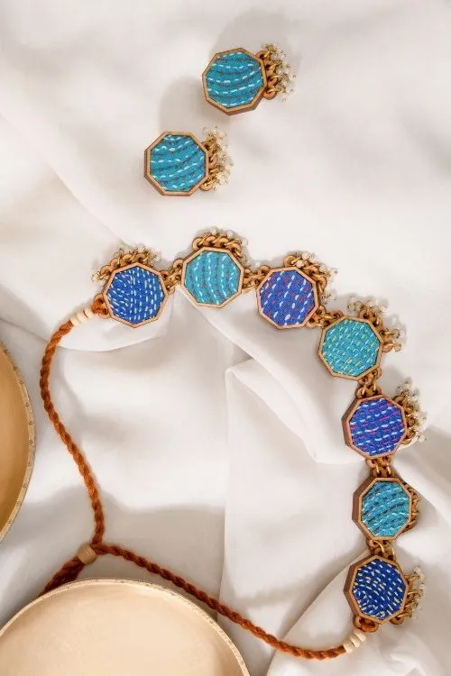WHE Neel Tarang Kantha Repurposed Silk Fabric And Wood Necklace - Image 3