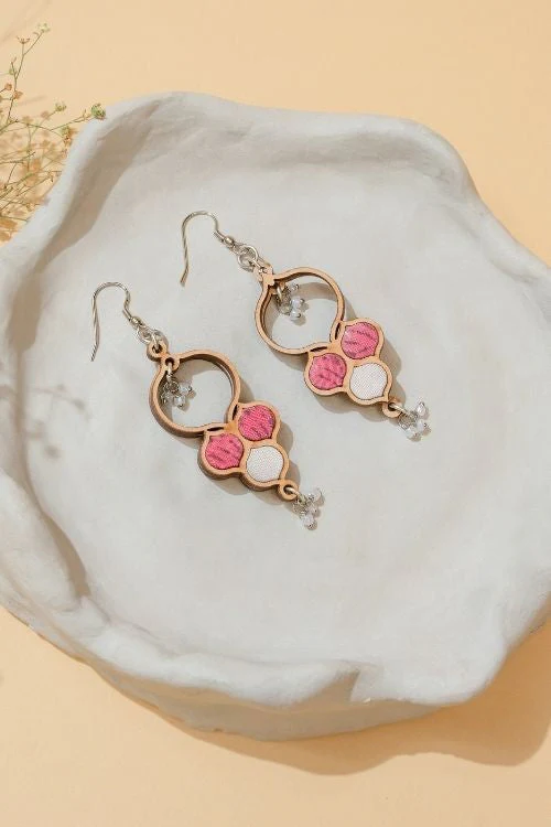 WHE Pink And White Repurposed Fabric And Wood Danglers - Image 7