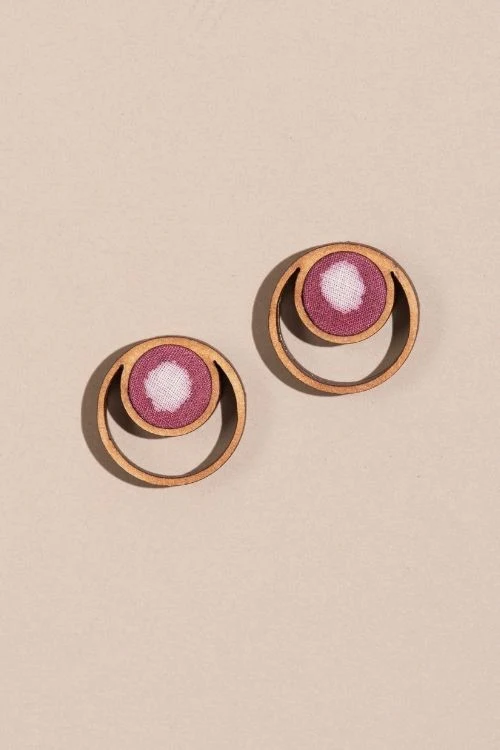 Whe Pink Batik Fabric And Repurposed Wood Stud Earrings