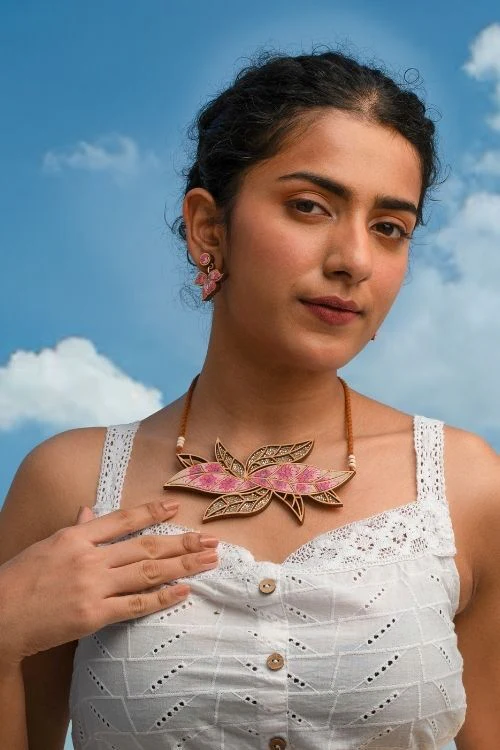 WHE Pink Bloom Leaf Motif Repurposed Fabric And Wood Necklace - Image 2