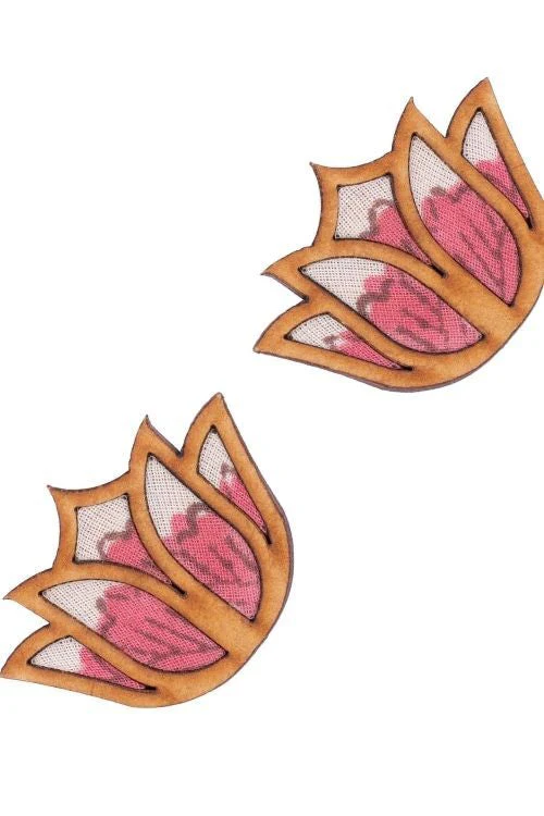 WHE Pink Bloom Lotus Repurposed Fabric And Wood Earrings - Image 8
