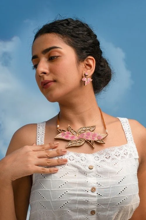 WHE Pink Bloom Repurposed Fabric And Wood Leaf Earrings - Image 2