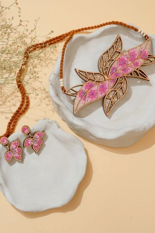 WHE Pink Bloom Repurposed Fabric And Wood Leaf Earrings - Image 4