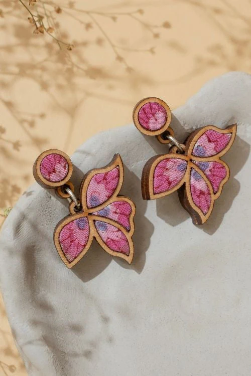 WHE Pink Bloom Repurposed Fabric And Wood Leaf Earrings - Image 5