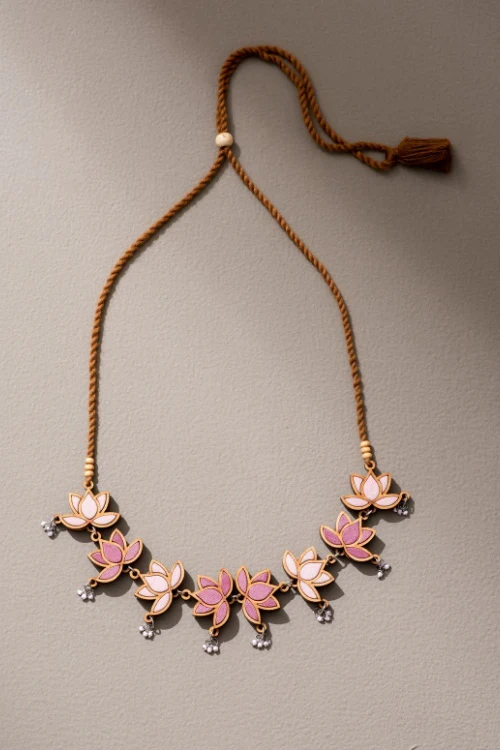 Whe Pink Festive Lotus Upcycled Fabric & Repurposed Wood Statement Choker - Image 3