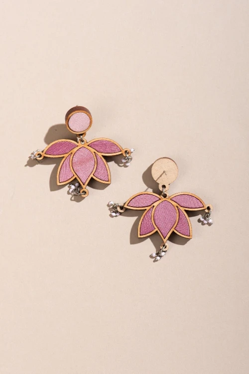Whe Pink Festive Lotus Upcycled Fabric & Repurposed Wood Statement Earrings - Image 4