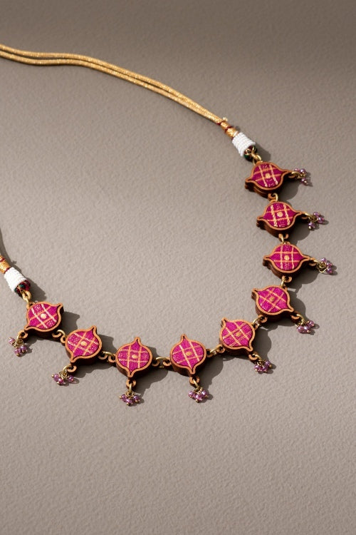 Whe Pink Festive Upcycled Fabric & Repurposed Wood Choker - Image 3